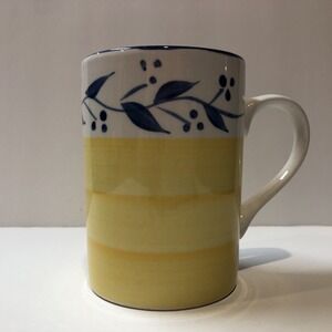 Tabletops Unlimited CELESTINO Dark Yellow Coffee Mug Blue Buds Leaves on Vine